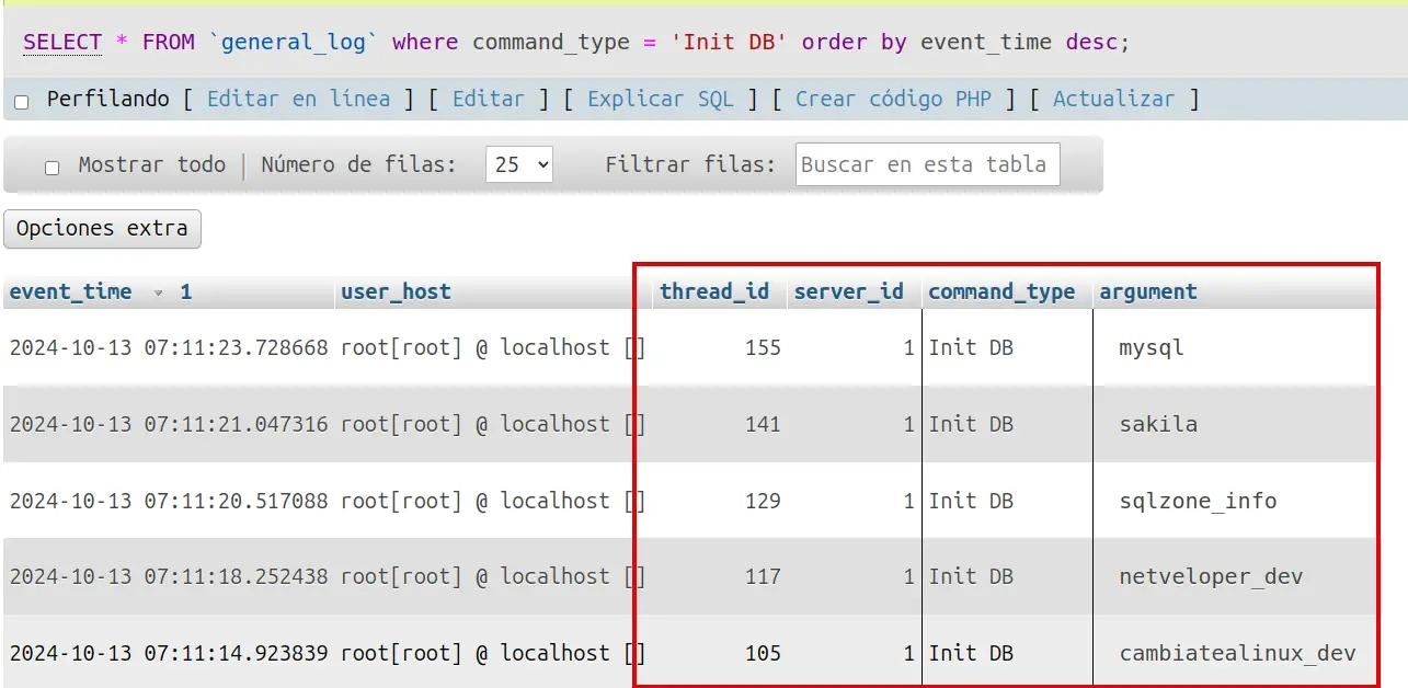 Como identificar la base de datos en el log de MySql