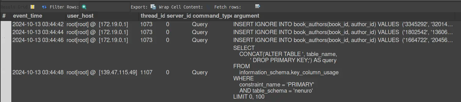 Formato de la tabla de log de MySql