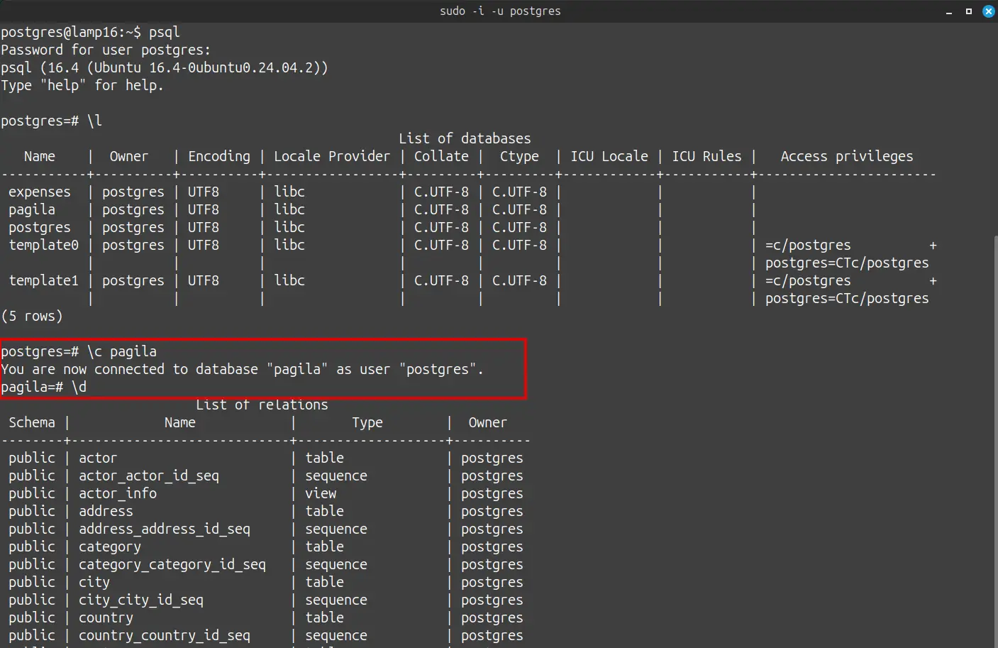 Consola de postgresql - base de datos pagila