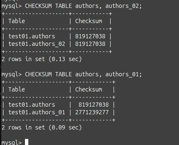 Comparar dos tablas en MySql con checksum